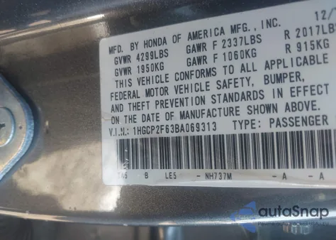 2011 Honda Accord 2.4 Se from USA, damaged, VIN 1HGCP2F63BA069313
